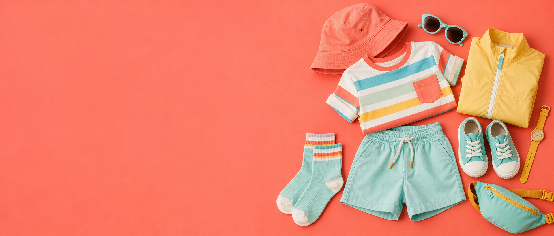 Colourful kids clothing, sneakers and accessories arranged on a coral background
