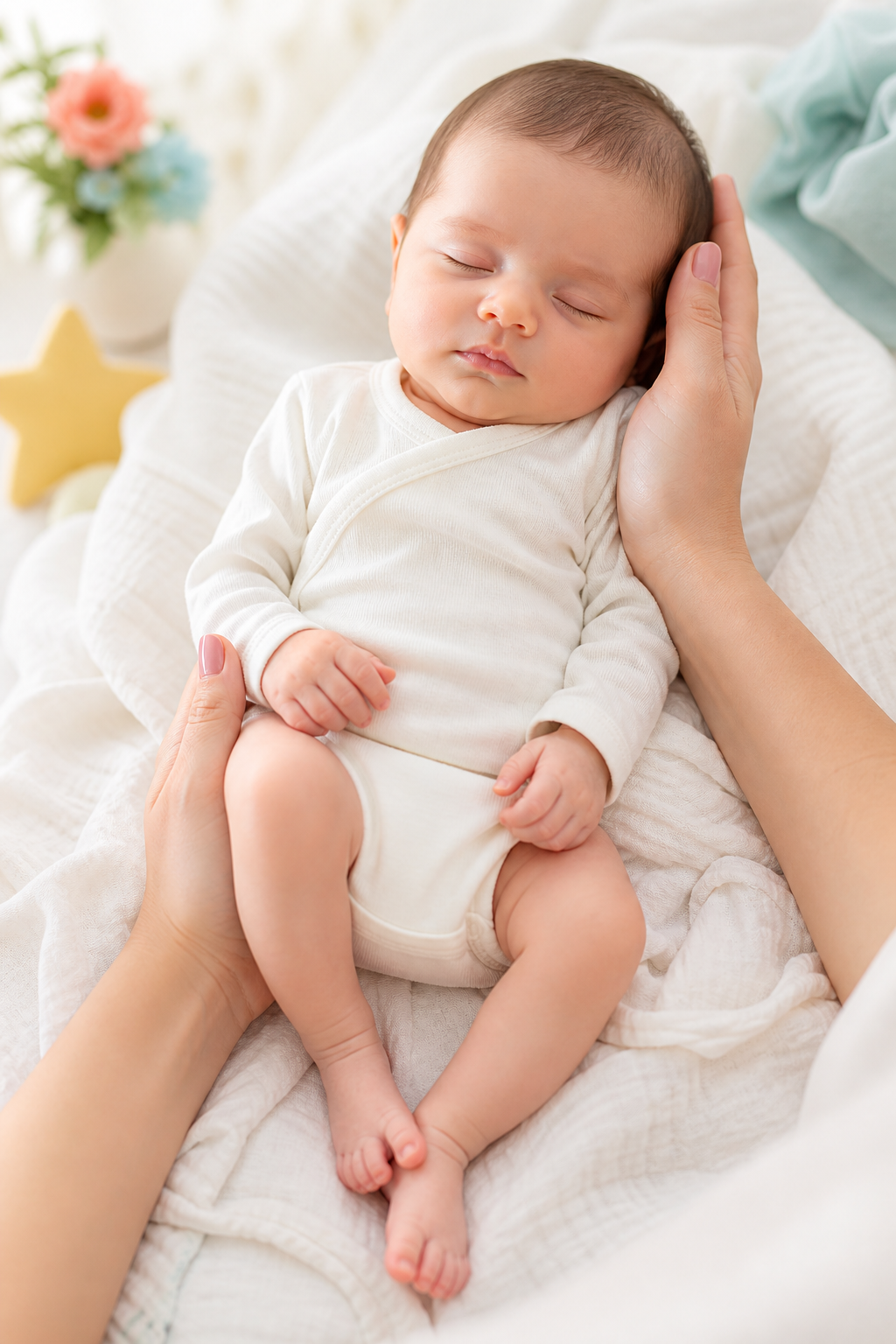 Newborn baby in an organic ivory cotton bodysuit