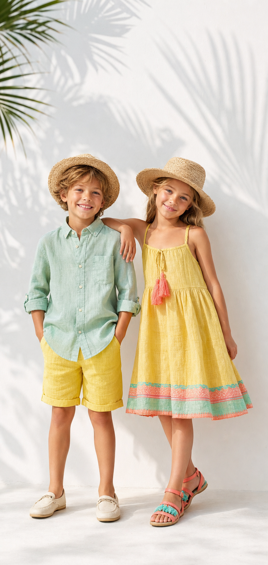 Two children in yellow and mint linen summer outfits with straw hats
