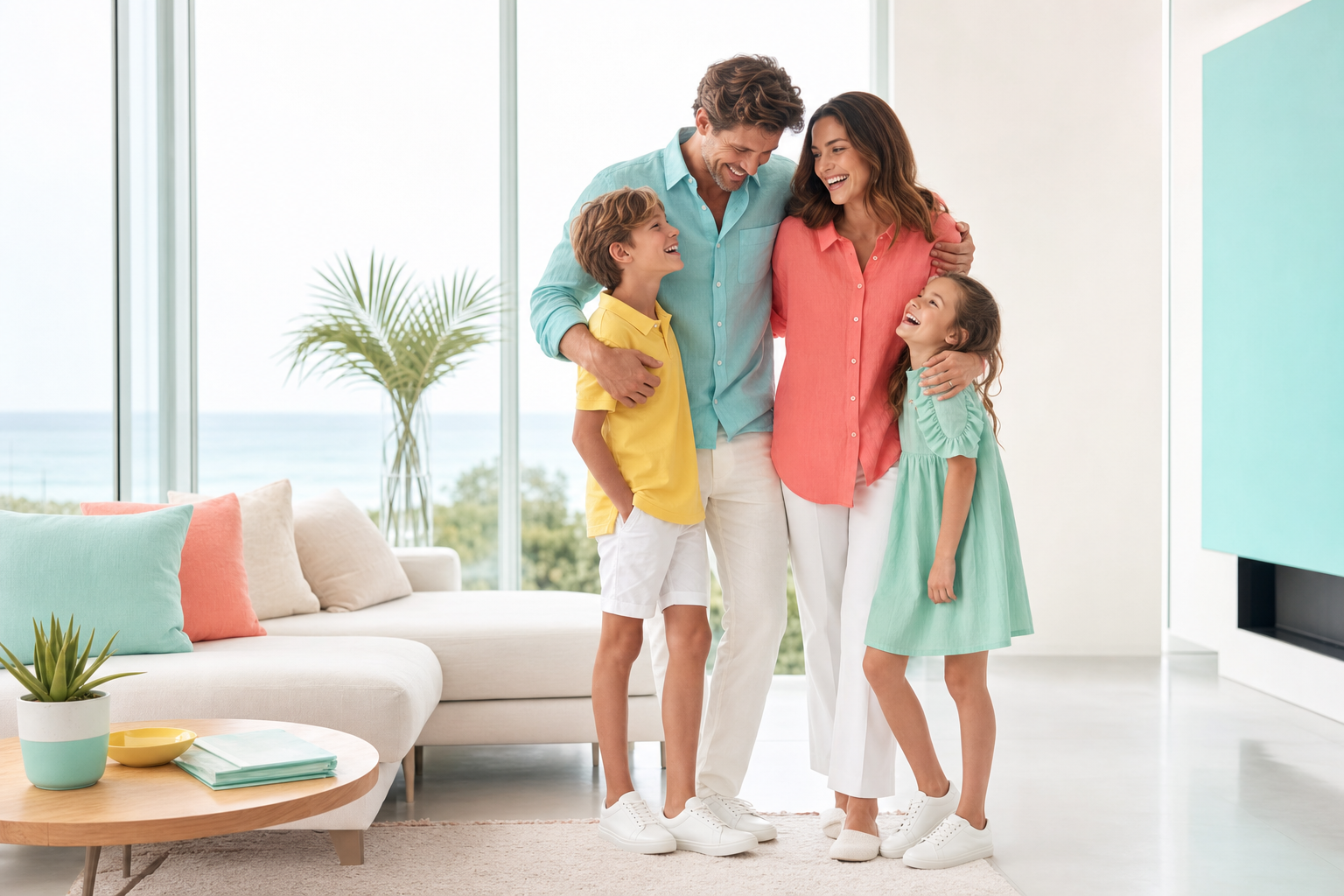 A young family of four laughing together in a bright living room