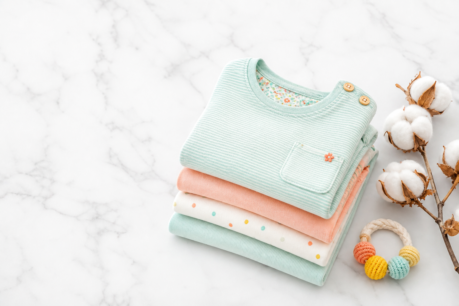 Folded stack of organic cotton baby clothing beside a cotton sprig